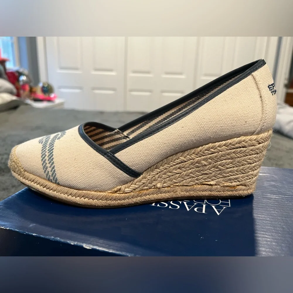 Sperry Cream Canvas Wedge Espadrilles with Navy Rope Detail